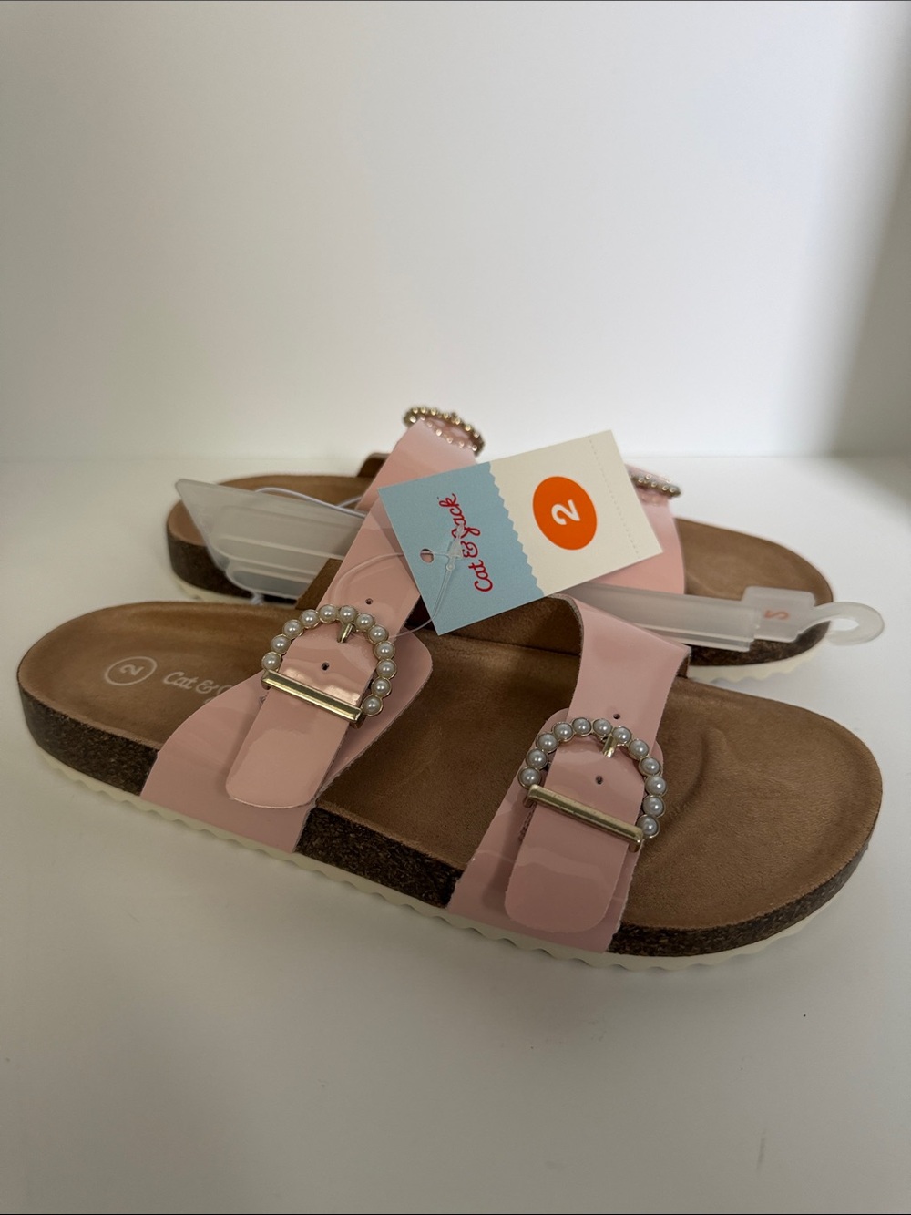 NWT Cat & Jack Blush “Drew” Pink Pearl Buckle Slip-On Sandals girls 1 2 4